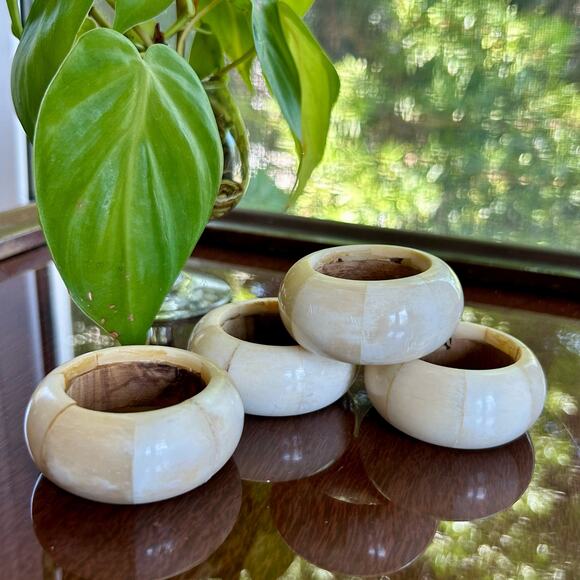 Vintage AUDREY Napkin Rings Soap Stone with Wood Core Set of 4 - Picture 5 of 11